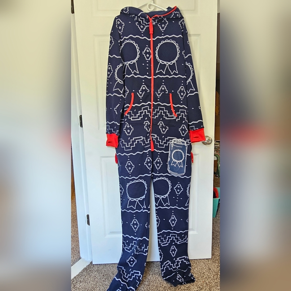 Pabst Blue Ribbon Onesie Men's XXL - Full Zip, Pockets, Navy & Red